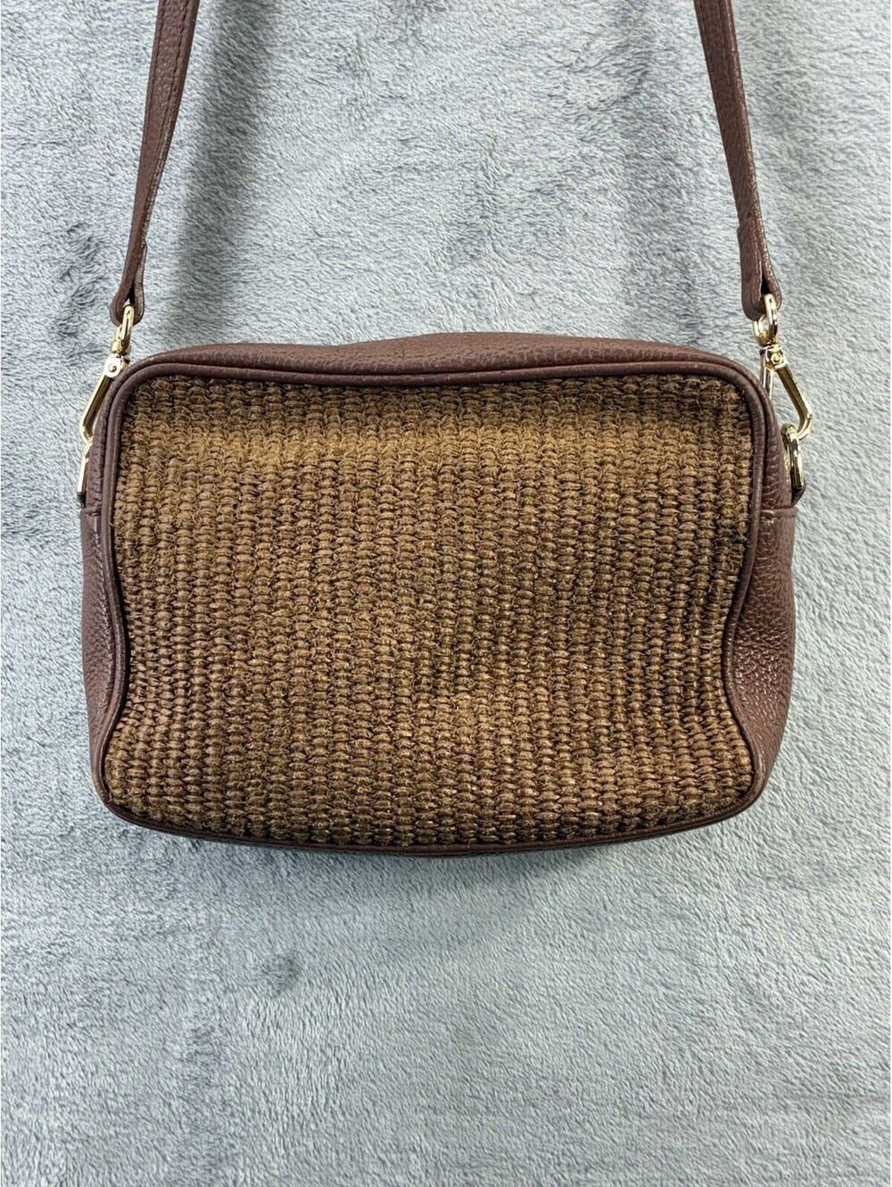 QUINCE GEMMA LEATHER & RAFFIA CROSSBODY BAG BROWN